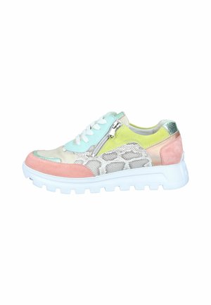 Multicolor sneaker with white sole, lace-up front, side zipper, and mix of pastel pink, green, beige, and snake pattern textures.