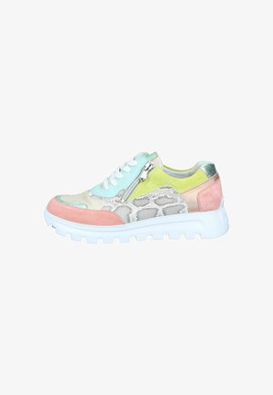 Multicolor sneaker with white sole, lace-up front, side zipper, and mix of pastel pink, green, beige, and snake pattern textures.