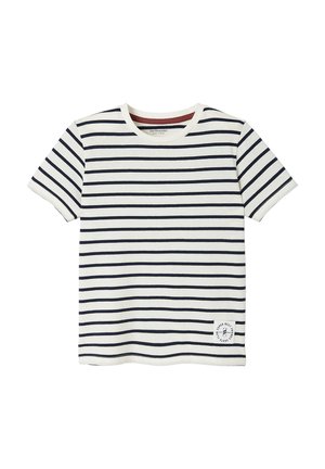 White short-sleeve T-shirt with navy horizontal stripes and a small rectangular patch near the bottom hem on the left side.