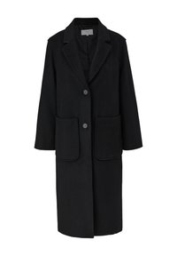 Schwarzer Mantel aus weichem Stoff, mit Reverskragen, zwei Vordertaschen und Knopfverschluss. Lange Ärmel und knielanges Design.