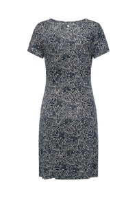 Kurzärmliges Kleid mit einer taillierten Silhouette, das eine marineblaue Basis und ein weißes Blumenmuster aufweist. Glattes Material mit Rundhalsausschnitt.