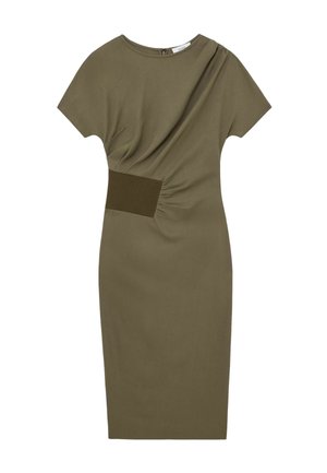 Rochie mulată verde măsliniu cu mâneci scurte, design drapat în partea din față, talie cu textură nervurată și țesătură netedă. Închidere cu fermoar la spate.