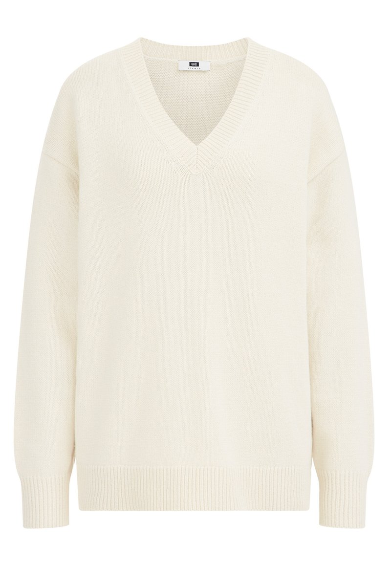 V-Ausschnitt Pullover aus cremefarbener Strickware. Verfügt über lange Ärmel, gerippte Bündchen und Saum sowie ein strukturiertes Muster auf der Brust. Weiches Material.