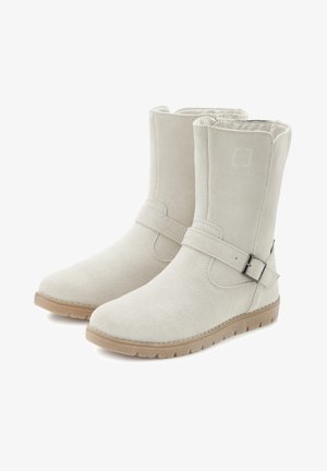 Light gray suede ankle boots with a flat sole, featuring a buckle strap detail and textured fabric. Simple design with curved toe.