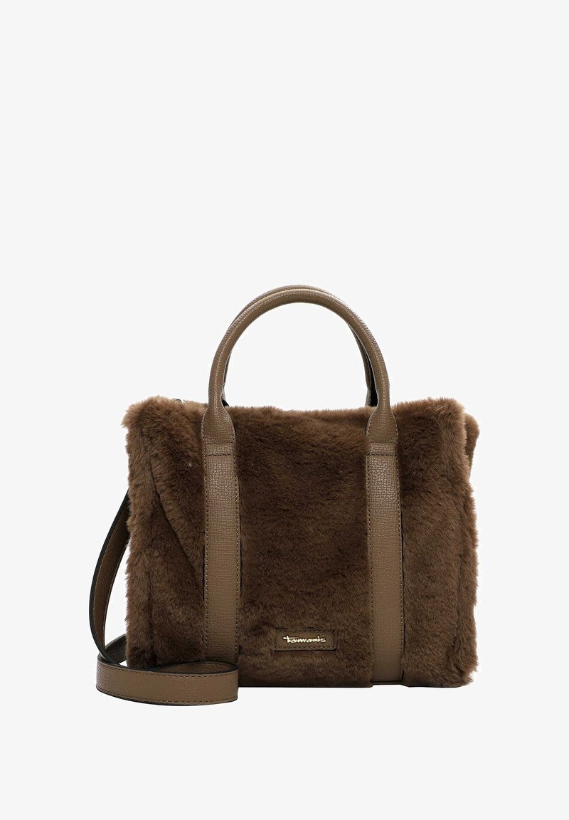 Sac à main en fausse fourrure marron avec des poignées en cuir plates et une bandoulière amovible. Présente un accent logo discret et une forme carrée. Texture douce.