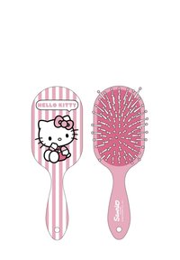 Spazzola rosa con design di Hello Kitty. La parte frontale presenta strisce e un'illustrazione del personaggio; la parte posteriore ha setole con accenti bianchi.