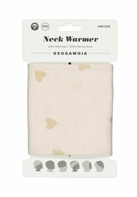 Halsvarmer lavet af 100% merinould, lyserød med beige hjerte mønstre, pakket med størrelse og pleje specifikationer vist.