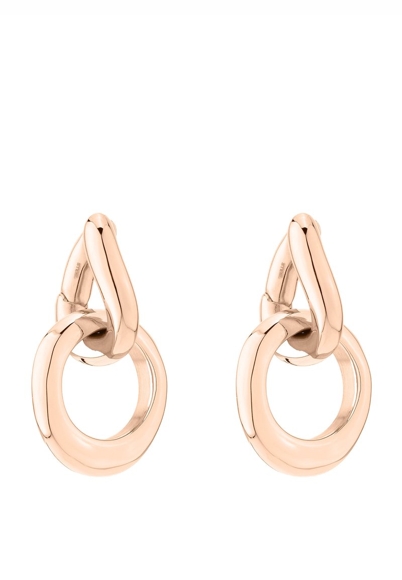 Ohrringe aus Roségold in Form von glatten, runden Creolen mit einem ineinandergreifenden Design und polierter Oberfläche. Strukturierte Akzente heben die visuelle Anziehungskraft hervor.