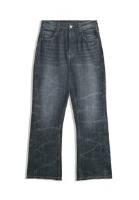 Jeans in denim blu scuro con design a gamba dritta, caratterizzati da sottili motivi sbiaditi, cinque tasche e dettagli in cuciture color rame.