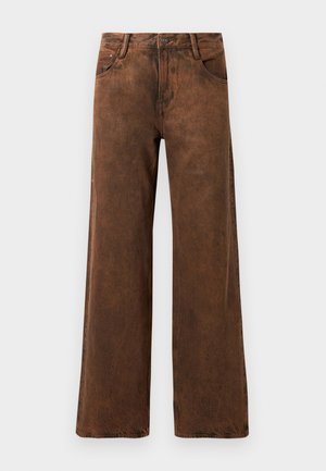 Pantalons en denim évasés marron, avec une finition texturée, une fermeture à bouton et zip, et deux poches avant.