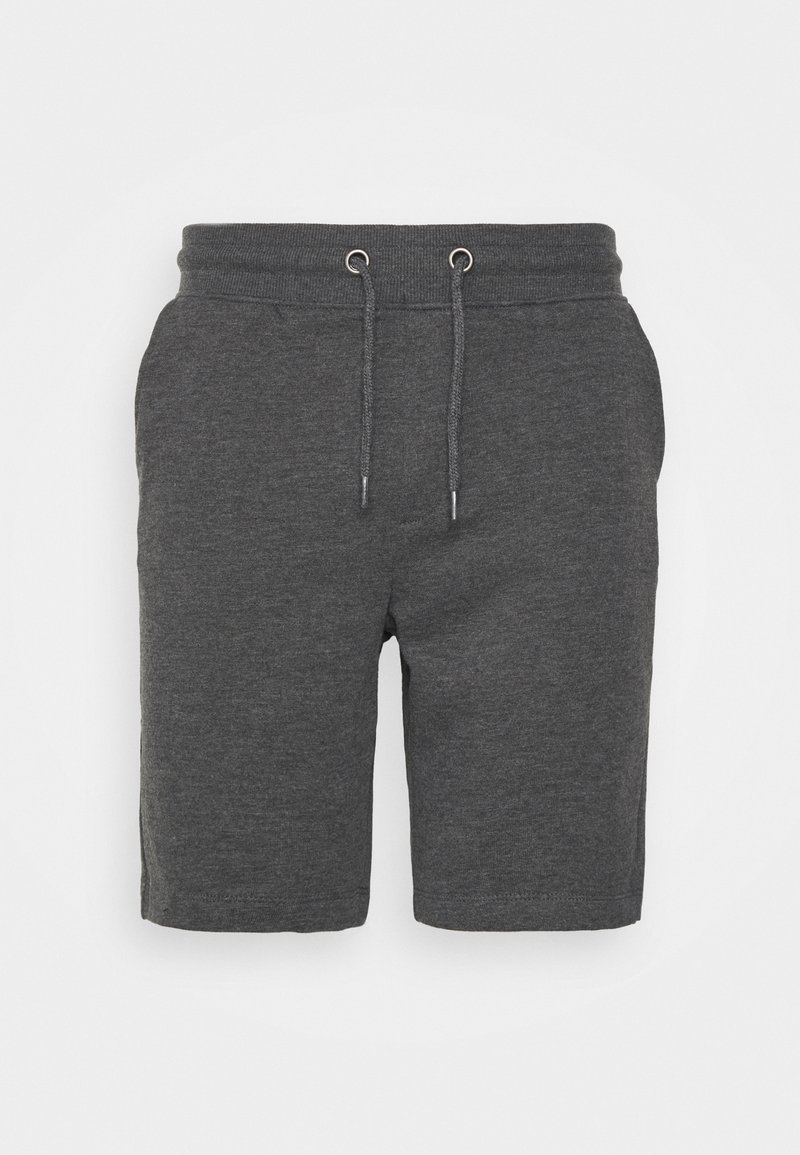 Shorts gris charbon en tissu doux, dotés d'une taille élastique avec cordons de serrage et de poches latérales, structurés avec une coupe droite.