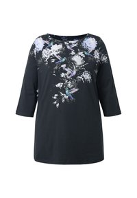Haut noir à manches trois-quarts avec imprimé de fleurs blanches et colibris colorés sur le devant et le haut des manches.