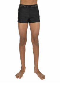 Shorts de bain noirs en tissu stretch, avec une large ceinture élastique arborant le logo, et une coupe ajustée pour le confort.