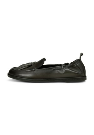 Black leather slip-on shoe with a rounded toe and decorative tassels. Features a flexible sole and textured paneling on the upper.