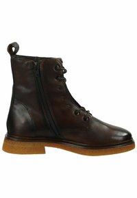 Botas de tobillo de cuero marrón con cremallera lateral, diseño de cordones, puntera redonda y suela de goma texturizada.