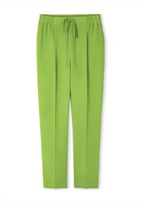 Groene, relaxte broek met een trekkoord in de taille, met een soepele textuur en gestructureerde plooien aan de voorkant.