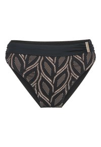Parte inferiore di bikini nera con sovrapposizione in rete a fantasia che presenta forme di foglie. Il cintura è nera a tinta unita e include un piccolo accento metallico.