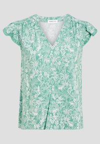Haut à imprimé floral en vert clair, avec un décolleté en V, des manches volantées et des détails plissés. Confectionné en tissu léger et texturé.