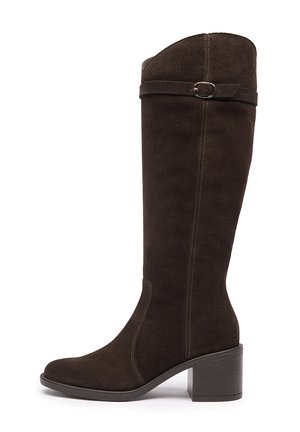 Tall dark brown suede boot with mid block heel and decorative strap with metal buckle near the top.