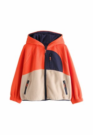 Kinder-Fleecepullover mit Kapuze in Orange, Beige und Marineblau mit durchgehendem Reißverschluss vorne und drei Reißverschlusstaschen.