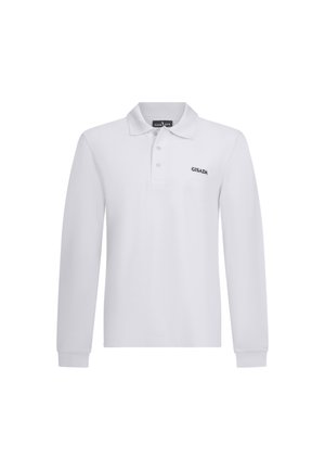 Weißes langärmeliges Poloshirt mit Kragen, drei Knöpfen und dem Markennamen Gisada auf der linken Brust aufgedruckt.