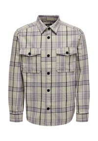 Plaid shirt in light yellow, lavender, and black. Features a button-up front, two chest pockets, and long sleeves with button cuffs.