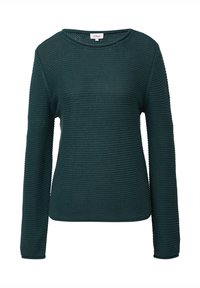 Dunkelgrüner Strickpullover mit rundem Ausschnitt und langen Ärmeln. Die Textur ist gerippt und zeigt ein dezentes gewobenes Muster überall.