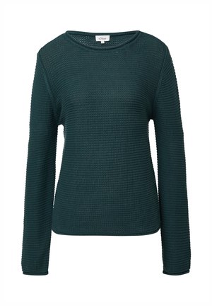 Dunkelgrüner Strickpullover mit rundem Ausschnitt und langen Ärmeln. Die Textur ist gerippt und zeigt ein dezentes gewobenes Muster überall.