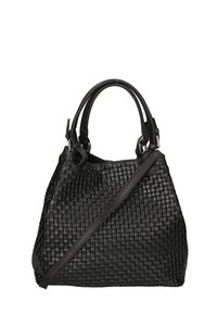 Borsa a tracolla nera intrecciata con superficie testurizzata, manici doppi e tracolla regolabile. Caratterizzata da una forma strutturata e un design elegante.