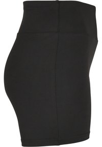 High-waisted black shorts made of stretchy fabric, featuring a smooth texture and a fitted design that extends to mid-thigh.