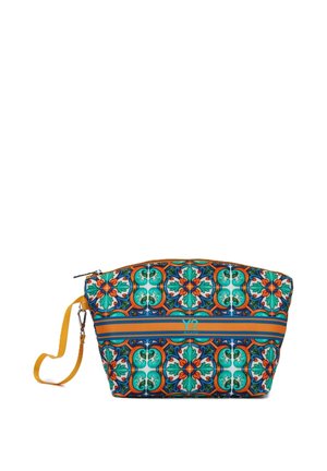 Piccola borsa da polso con motivo floreale geometrico colorato in blu, verde, arancione e giallo, con cinturino giallo e chiusura a cerniera.