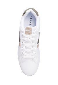 Sneaker bianca con design a lacci, strisce di accento verde oliva e oro, texture liscia, punta tonda e soletta imbottita con logo.