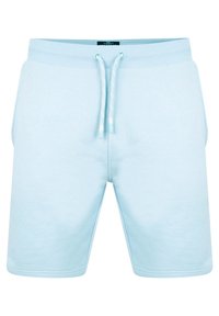 Shorts de basketball bleu clair en tissu doux, dotés d'une taille élastique, d'un cordon de serrage et de poches latérales.