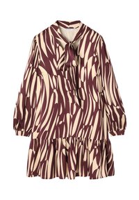 Robe à manches longues en crème et maroon profond avec un motif ondulé, décolleté à nouer et ourlet à volants en tiers. Fabriquée à partir d'un tissu lisse.