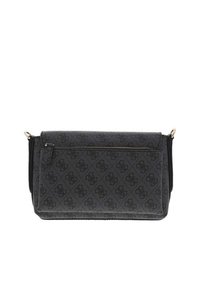 Sac bandoulière noir à motif avec une poche zippée à l'avant, texture lisse, garnitures en métal doré et bandoulière réglable.