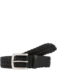 Cinturón de cuero trenzado negro con hebilla de metal plateado. Textura suave en la hebilla, complementada por el diseño trenzado de la correa.