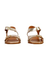 Guldfarvede sandaler med flad sål, to brede stropper og en cirkulær detalje på siden. Åben tå-design. Glat overflade.