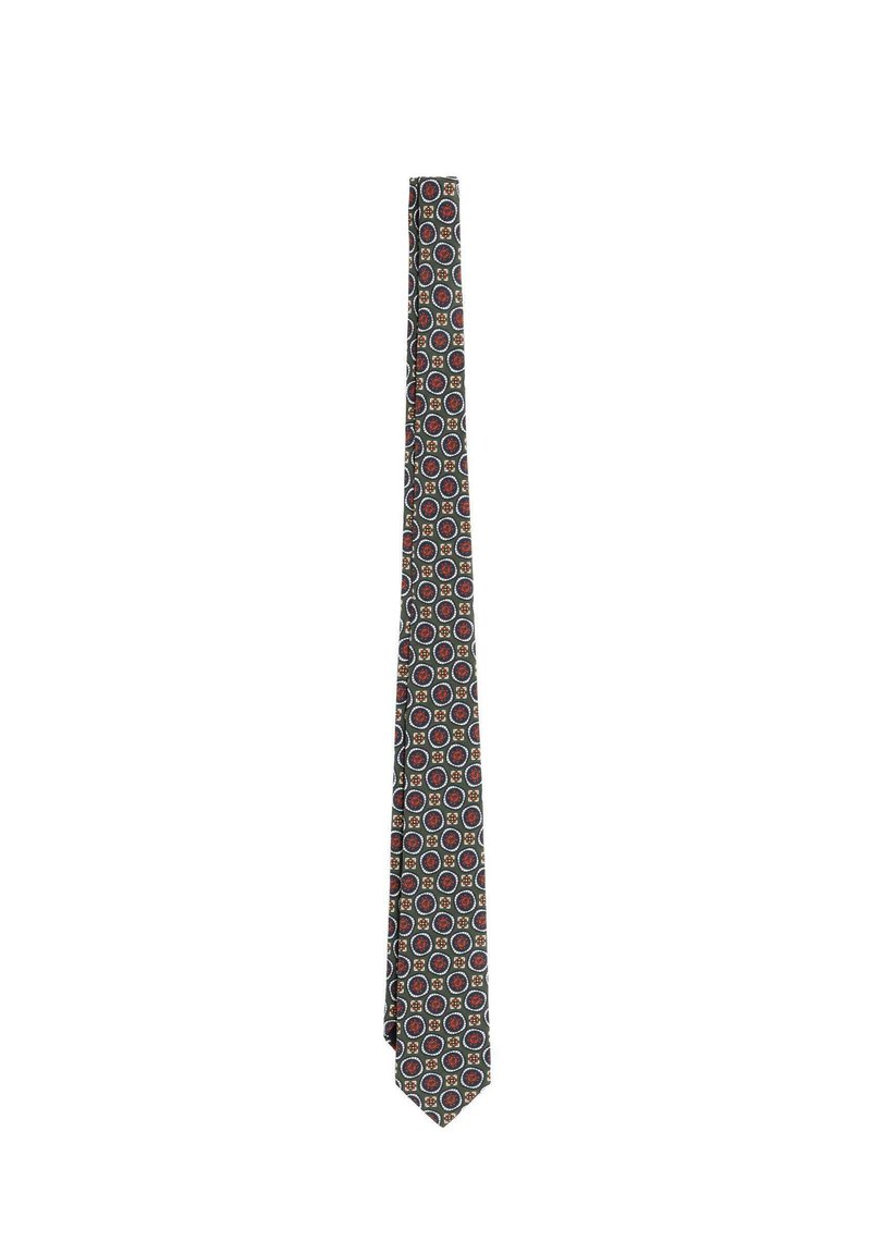 Corbata con patrón que presenta un color base oscuro con vibrantes motivos circulares en rojo, azul y blanco. Textura suave, diseño estrecho.