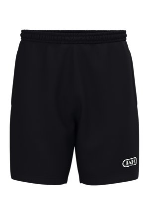 Schwarze Sportshorts mit elastischem Bund und seitlichen Taschen, mit weißem JAKO Sport-Logo vorne am unteren rechten Bein.