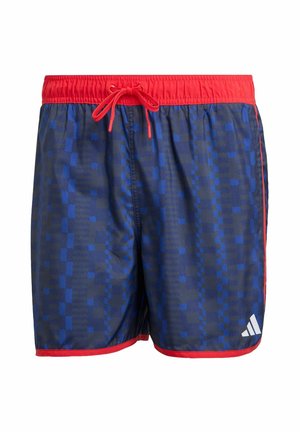 Schwimmshorts mit einem blauen geometrischen Muster, elastischem Bund mit ropem Kordelzug und roter Borte. Inklusive Adidas-Logo am Saum.