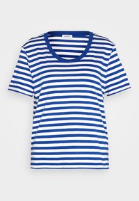 Camiseta de algodón con un escote redondeado, que presenta rayas horizontales azules y blancas, con mangas cortas y un corte relajado.