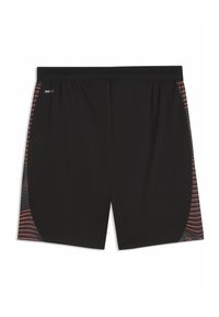 Czarne sportowe spodenki o gładkiej fakturze, z bocznym panelem ozdobionym czerwonymi i szarymi geometrycznymi wzorami. Elastyczna talia zapewniająca komfort.