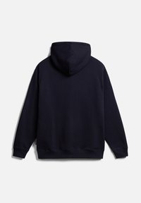Donker marineblauwe hoodie zichtbaar van achteren met lange mouwen en geribde manchetten en zoom.