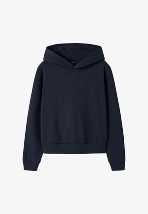 Mørkeblå sweatshirt med hætte, lange ærmer, ribkant ved ærmer og bund, vist på hvid baggrund.