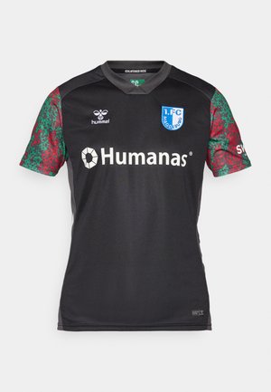 Black short-sleeve soccer jersey with green and red patterned sleeves. Features "Humans" logo and "I.F.C. Magdeburg" badge. Lightweight material.