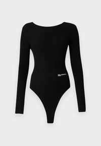 Black long-sleeve bodysuit made from ribbed material, featuring a rounded neckline and high-cut legs. "Karl Lagerfeld Jeans" logo in white.