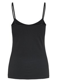Black tank top made of smooth fabric, featuring thin straps and a simple, fitted design. No additional patterns or hardware details.