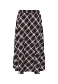 Jupe trapèze à carreaux marron et noir avec des rayures diagonales blanches et une ceinture élastique, présentée sur un fond blanc uni.