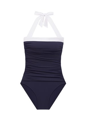 Μπλε σκούρο ολόσωμο μαγιό με λευκή λαιμόκοψη τύπου halter, ρυθμισμένο ύφασμα με πιέτες και δεσίματα στον λαιμό. Λείο ύφασμα και εφαρμοστή γραμμή.