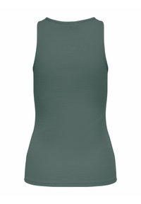 Canotta davanti-dietro di colore verde tenue, realizzata in tessuto a costine. Presenta un collo rotondo e un design aderente. Nessun motivo o dettaglio visibile.